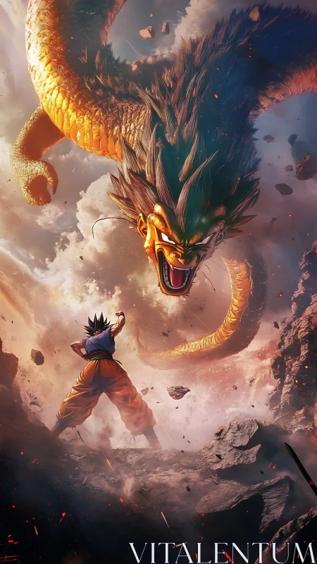 Saiyan warrior confronting colossal dragon amid explosive sky