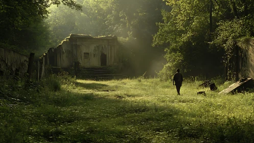 Solitary wanderer crossing a sunlit, ruin-laced clearing.