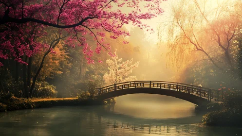Soft morning bridge under dreamy cherry blossoms glow.