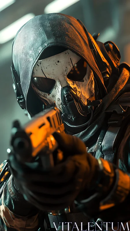 Tactical skull-masked operator aiming pistol in neon light.