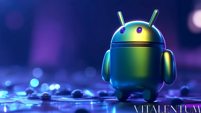 Shiny Android robot stands on neon circuit board surface