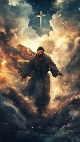 Messianic figure strides through celestial storm clouds.