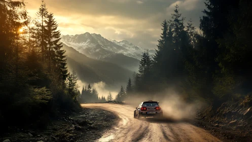 Rally car powers through misty forest road at sunset