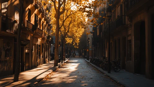 Golden autumn light warms quiet European city street.