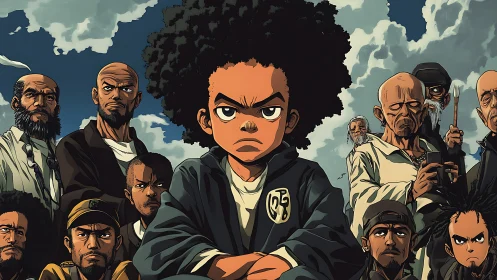 Defiant anime boy leads diverse elders under turbulent sky