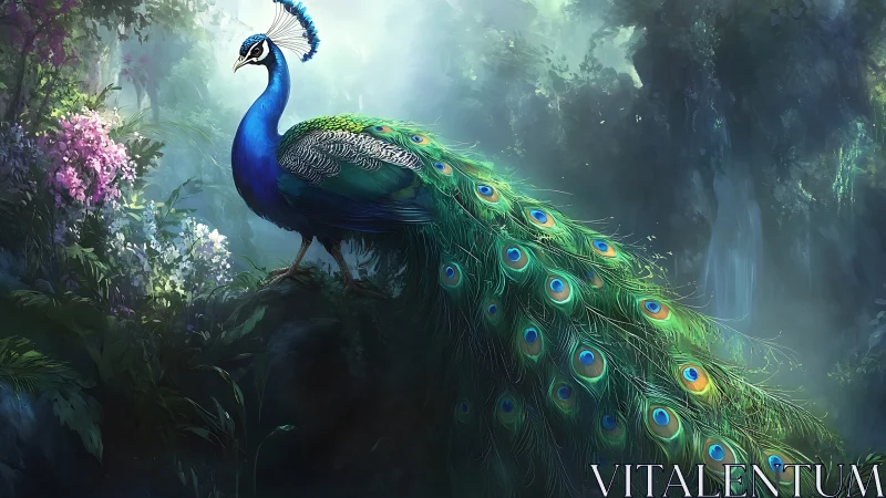 Majestic peacock in lush forest, fantasy digital art style.