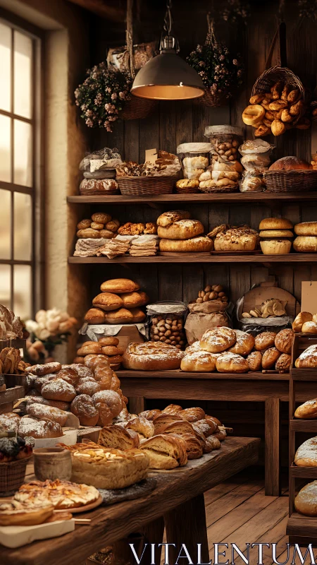 Rustic Bakery Shelves Brimming with Artisanal Breads.
