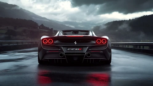 Sleek black supercar idles on a rain soaked mountain highway.