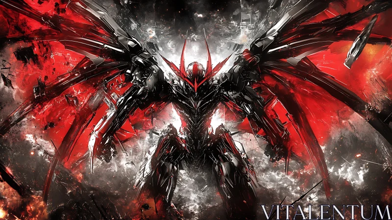 Steel seraph ignites a crimson storm across shattered skies