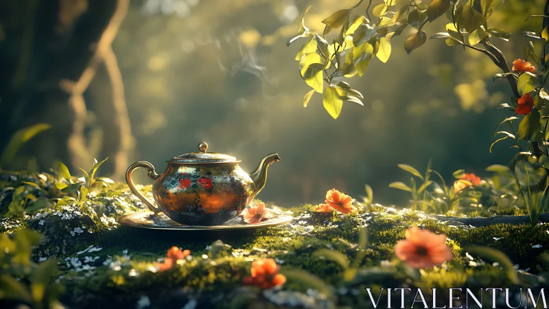 Whistling copper teapot basking in mossy woodland glow.
