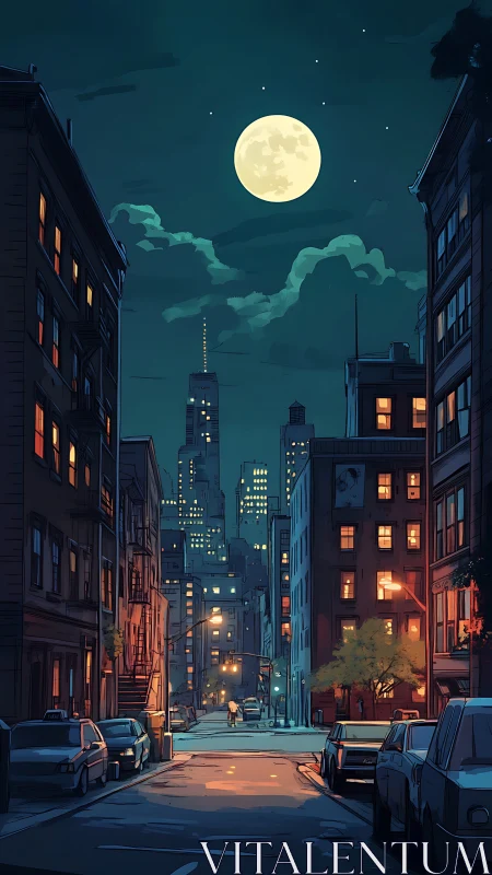 Moonlit urban street with high-rise skyline and parked cars.