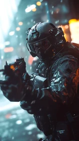 Helmeted tactical figure holds firearm in wet urban street