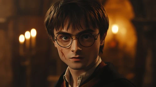 Photorealistic young wizard portrait in warm chiaroscuro lighting.