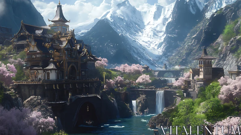 Layered mountain temple complex integrates waterfalls and sakura