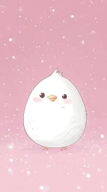Stylized chick illustration with pink background.