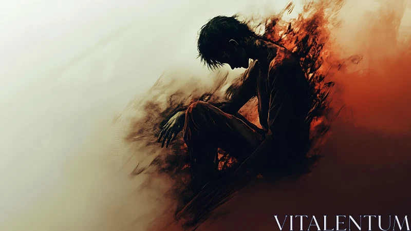 Solitary figure burns through shadow in abstract firestorm.