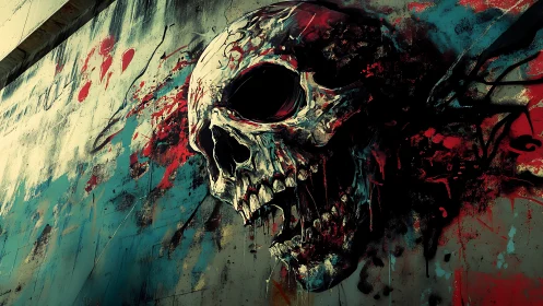 High-contrast splatter-painted skull mural on distressed wall