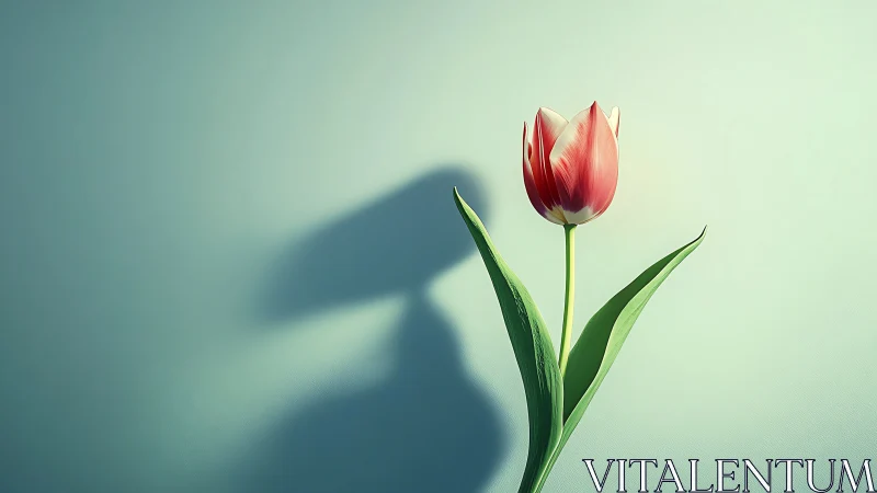 Solitary Red Tulip with Cast Shadow on Pale Ground Surface.