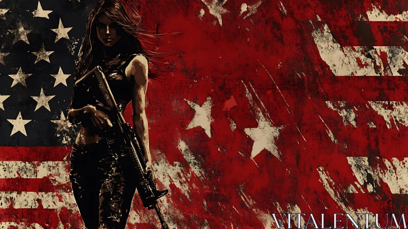 Silhouetted armed woman stands before distressed US flag