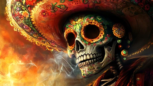 Highly detailed D&iacute;a de Muertos skull portrait with ornate sombrero