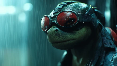 Mutant turtle vigilante wears red goggles in neon rain