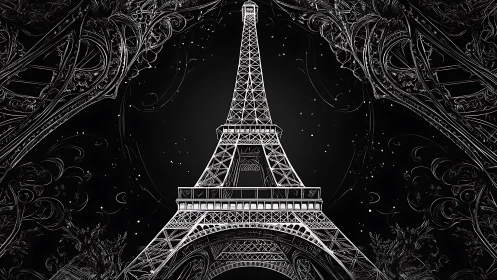 Starlit Eiffel Tower rises in ornate black and white night sky