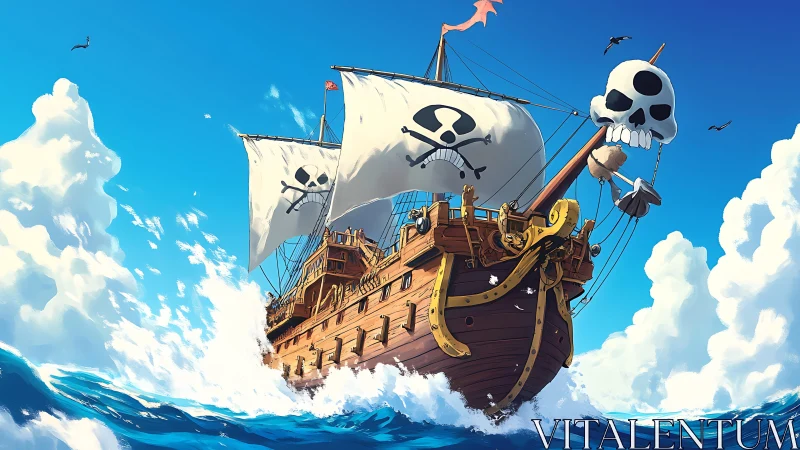 Stylized pirate galleon cutting through vivid ocean waves.