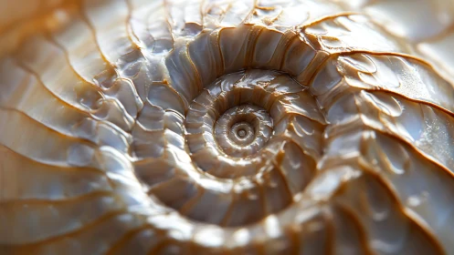Macro spiral detail of iridescent nautilus shell structure.