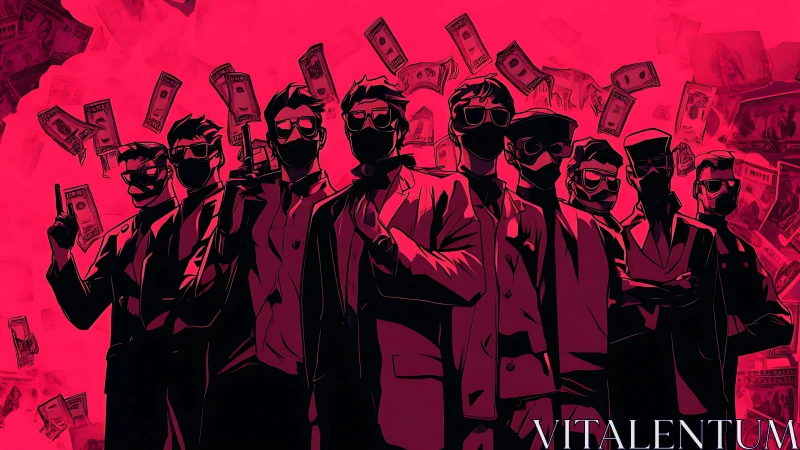 Masked figures stand in stylized formation under floating currency