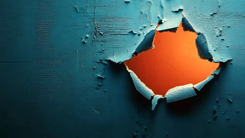 Blue painted surface shows irregular tear revealing orange void