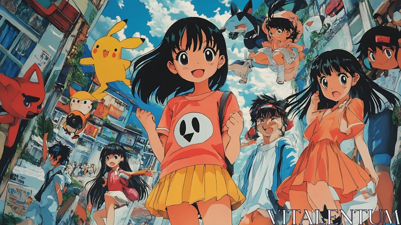 Street-level skybound kids and mascots in summer rush.