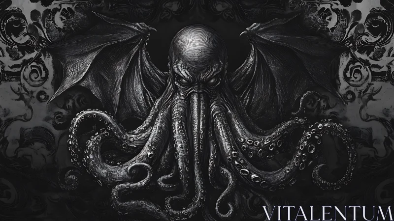 Eldritch cephalopod god spreads wings in shadowed void.