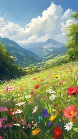 Mountain valley landscape with wildflower meadow foreground.