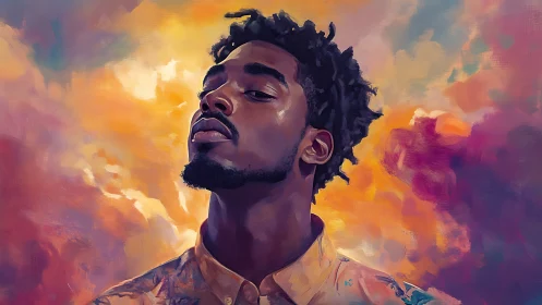 Expressive digital portrait against iridescent cloudscape background