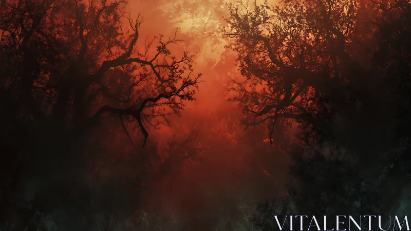 Crimson forest canopy glows warmly through deep drifting mist