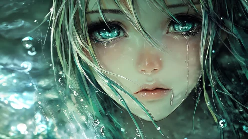 Close view shows stylized female face immersed in water