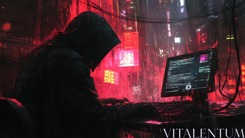 Hacker works in neon city rain under red digital glare
