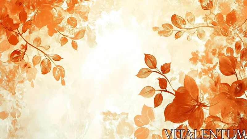 Orange floral foliage on pale abstract gradient background.