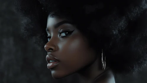Side-lit portrait with glossy lips and voluminous natural hair.