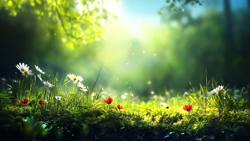 Sunlit forest floor displays detailed wildflower vegetation