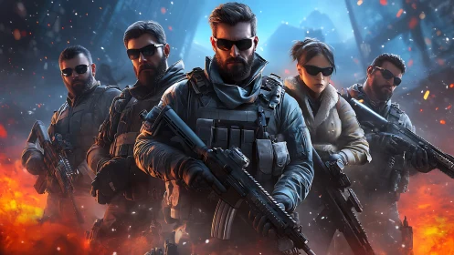 Elite tactical squad advancing through blazing warzone.