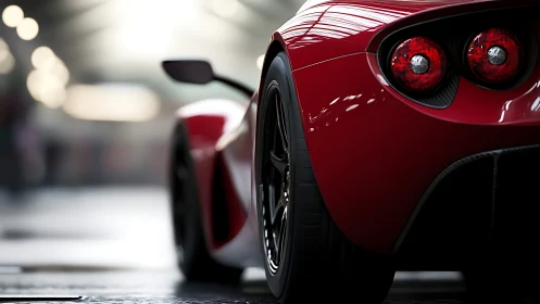 Rear three-quarter view of red supercar with shallow depth-of-field