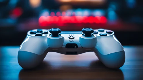PlayStation DualShock Controller Glowing in Neon Blue Light.
