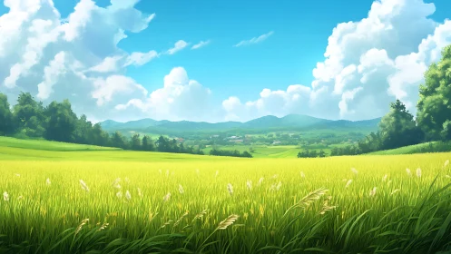 Vast green field extends toward distant tree line and hills