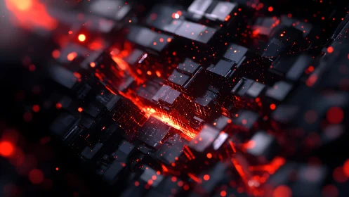 Futuristic black cubes with glowing red lights in digital abstract style.