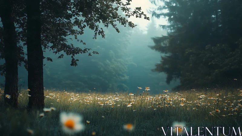 Meadow Convergence: Misty Forest Backdrop with Golden Wildflowers.