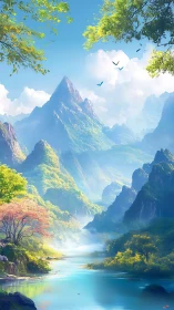 Verdant mountain valley beside luminous turquoise river.