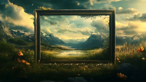 Framed mountain valley landscape merges with surrounding scene