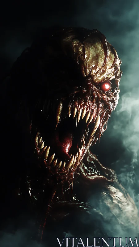 Grotesque humanoid creature exposes fanged jaws in mist