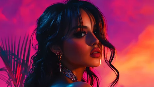 Neon sunset muse turning toward the camera in electric calm.